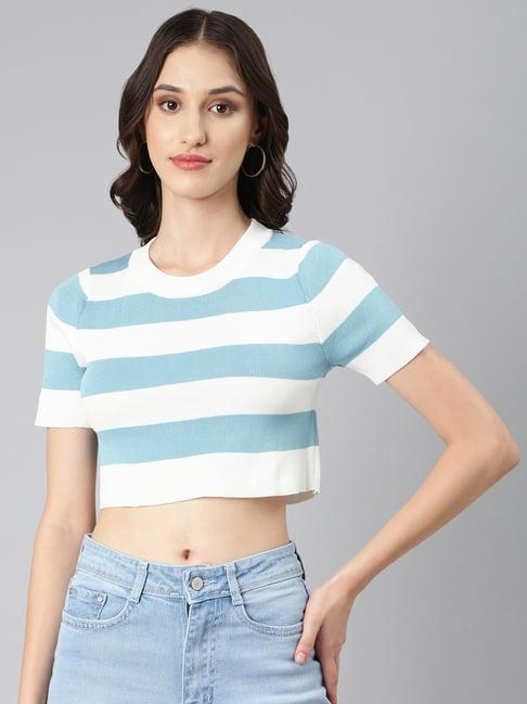 showoff white & light blue cotton striped crop top