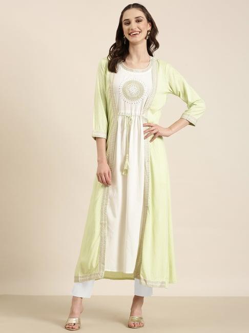 showoff white & light green cotton regular fit kurta with jacket