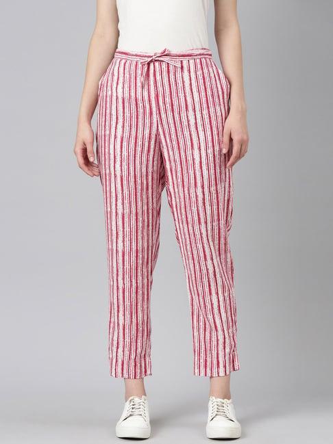 showoff white & pink cotton striped mid rise trousers