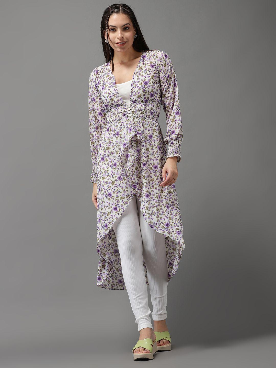 showoff white & purple floral print georgette high-low longline top