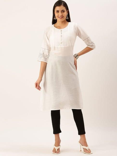 showoff white cotton calf length straight kurta