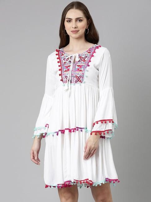 showoff white cotton embroidered a-line dress