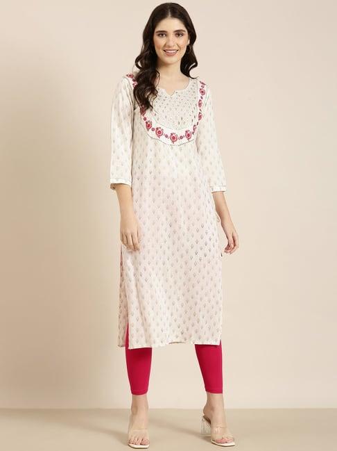 showoff white cotton floral print kurta