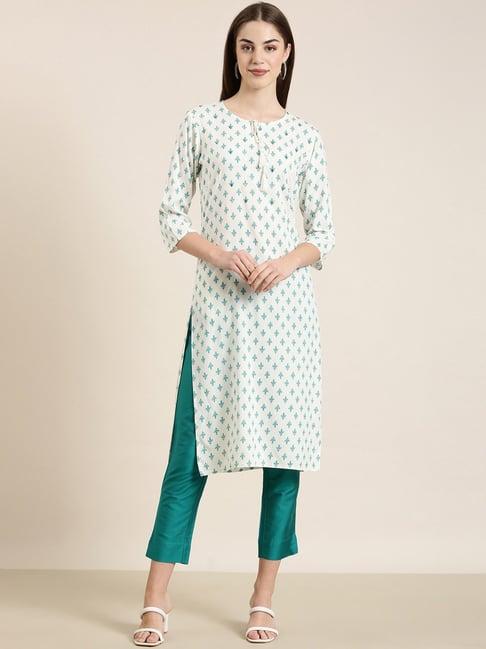 showoff white cotton floral print kurta