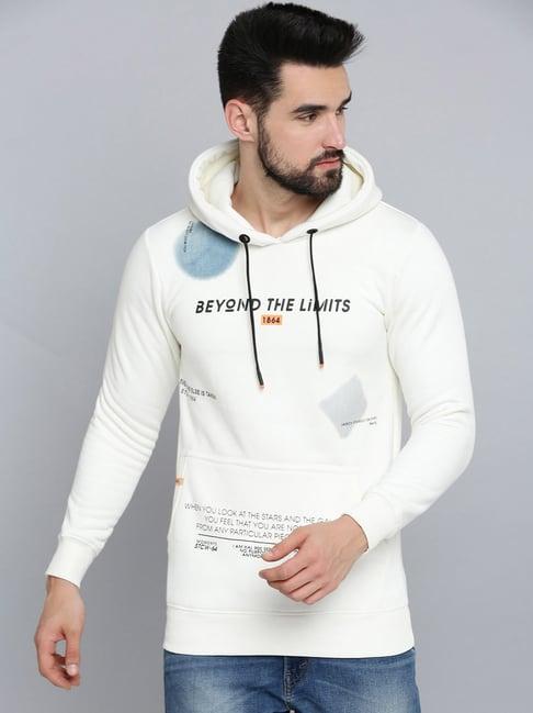 showoff white cotton regular fit printed hooded sweatshirt