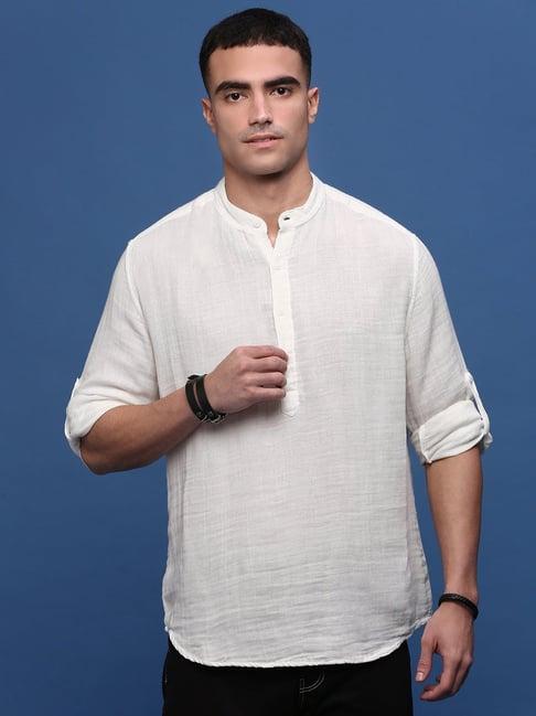 showoff white cotton slim fit short kurta