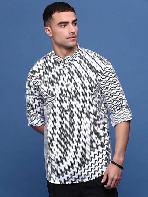 showoff white cotton slim fit striped short kurta