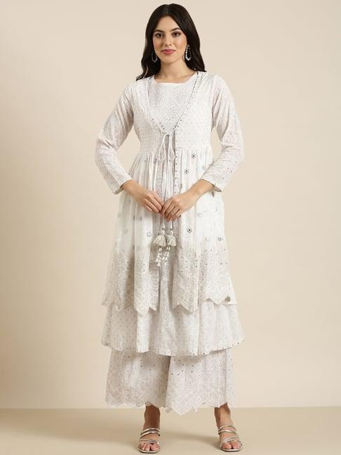 showoff white embroidered kurta with pants & dupatta with potli bag & overcoat