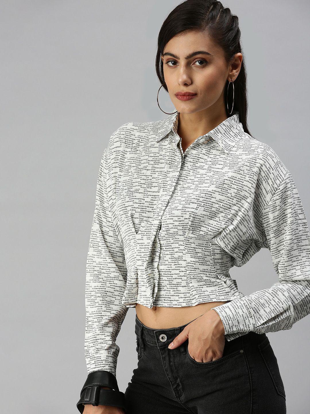 showoff white extended sleeves shirt style crop top