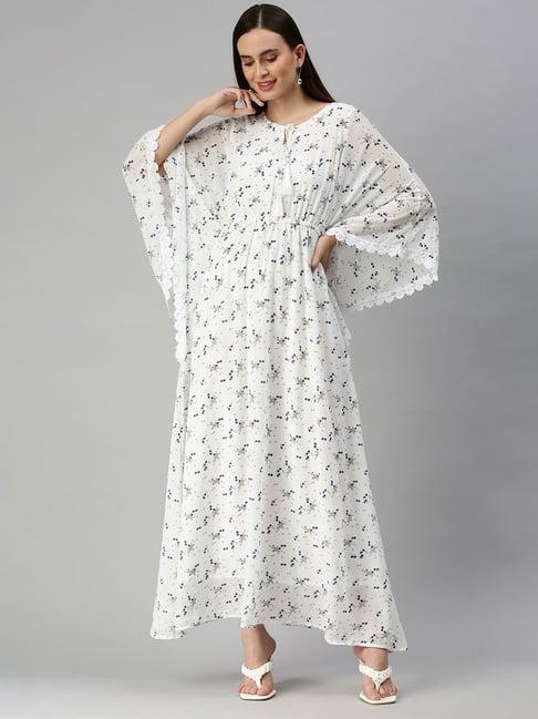 showoff white georgette floral kaftan dress