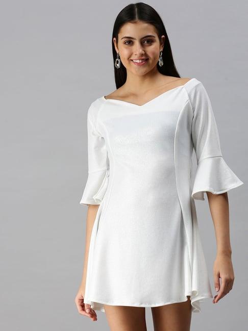 showoff white polyester solid fit & flare dress