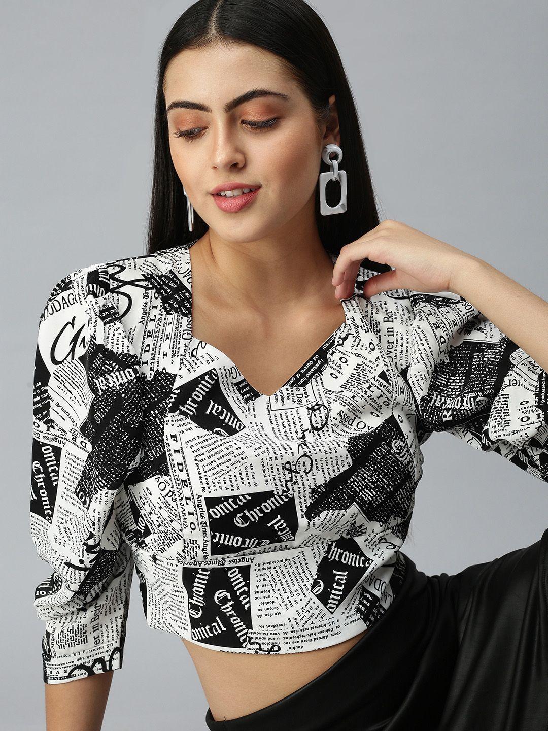 showoff white print monochrome crepe crop top