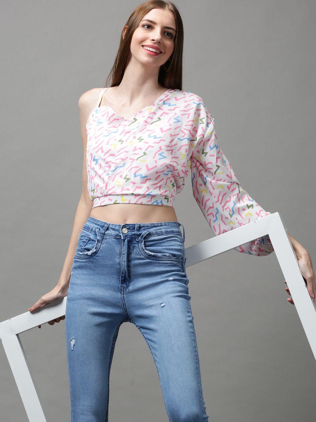 showoff white printed one shoulder crepe crop top