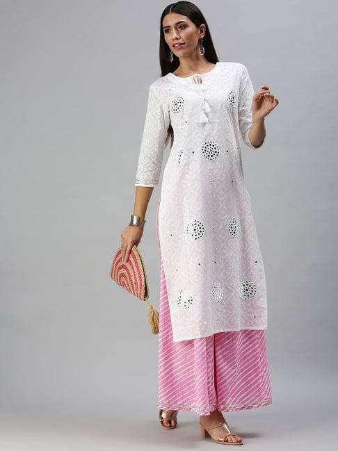 showoff white printed straight calf length kurta with palazzo