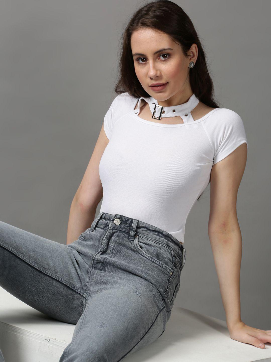 showoff white stylized neck knitted top