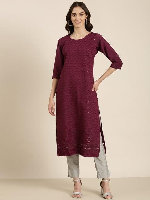 showoff wine cotton embellished kurta