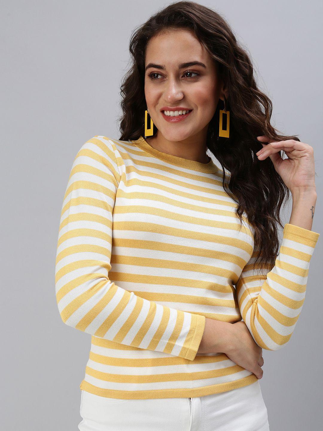 showoff women's mustard yellow striped  round neck top