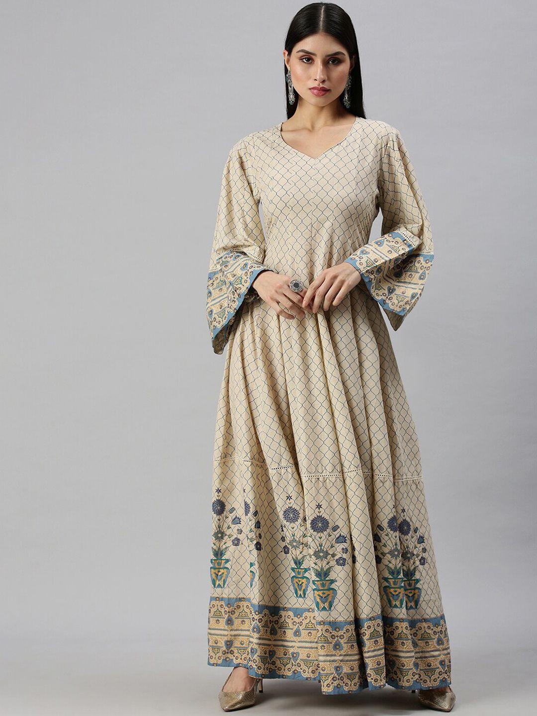 showoff women beige & blue ethnic motifs printed flared sleeves anarkali kurta