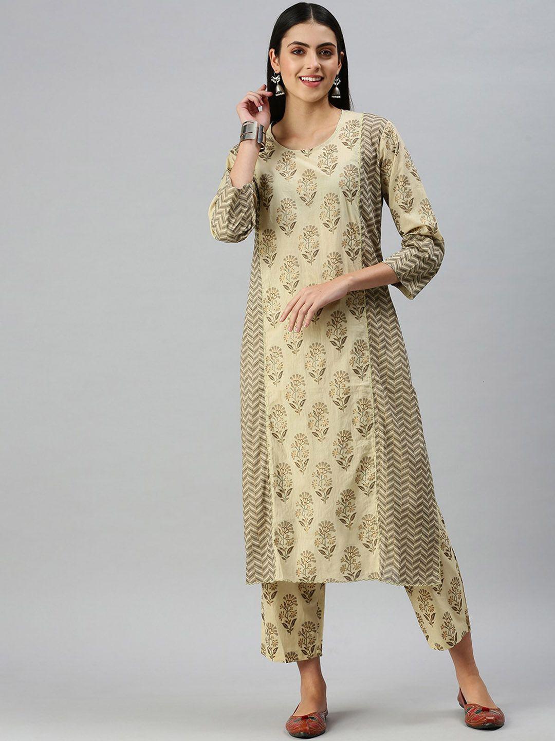 showoff women beige & grey ethnic motifs block printed panelled kurta with trousers
