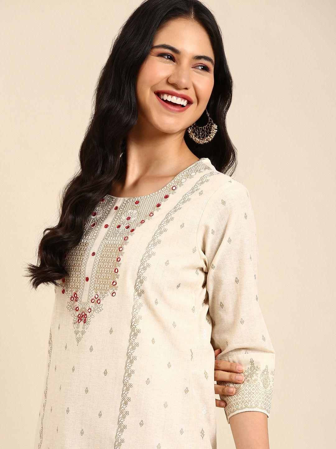 showoff women beige & red floral embroidered kurta