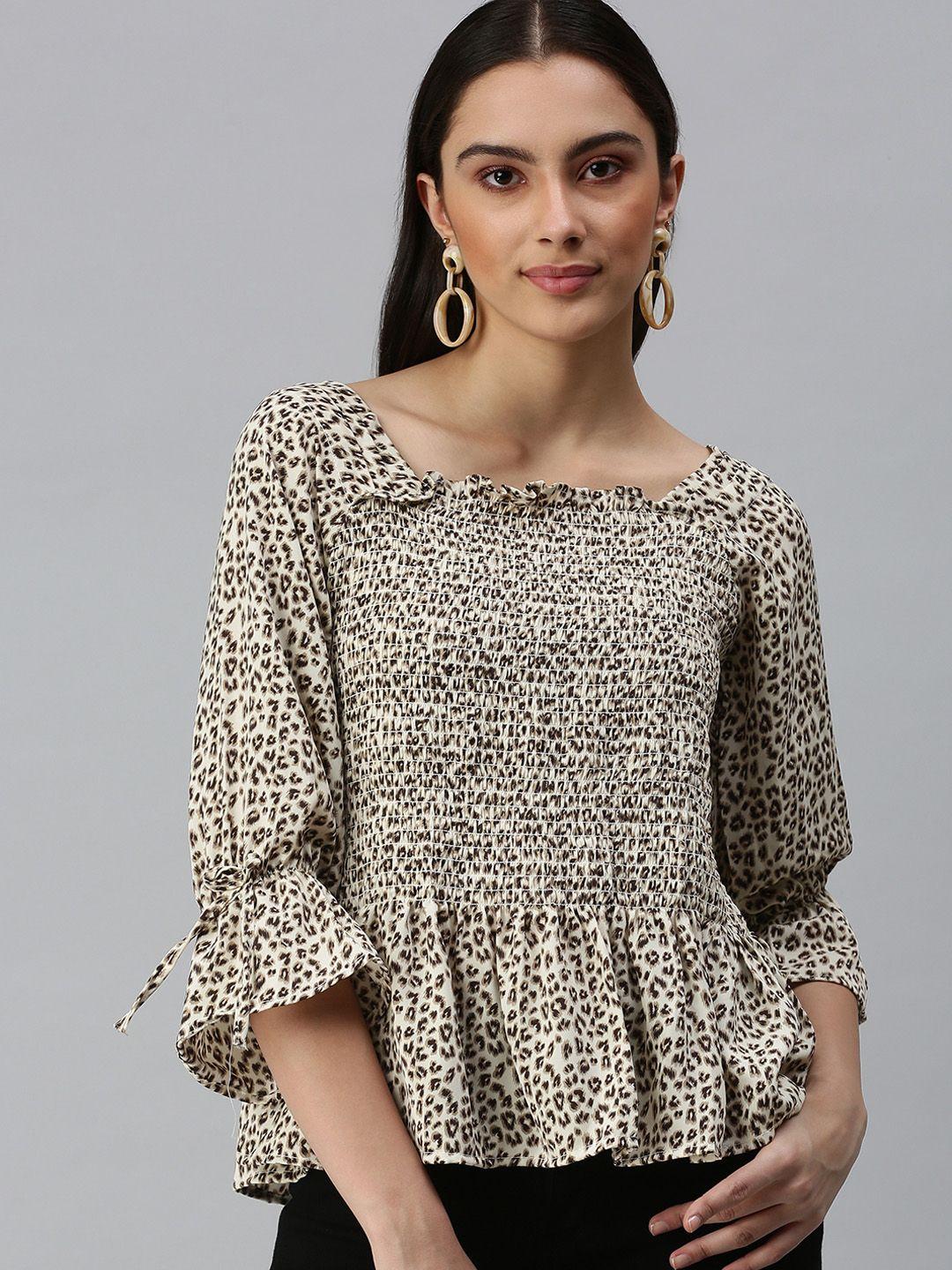 showoff women beige animal print crepe peplum top