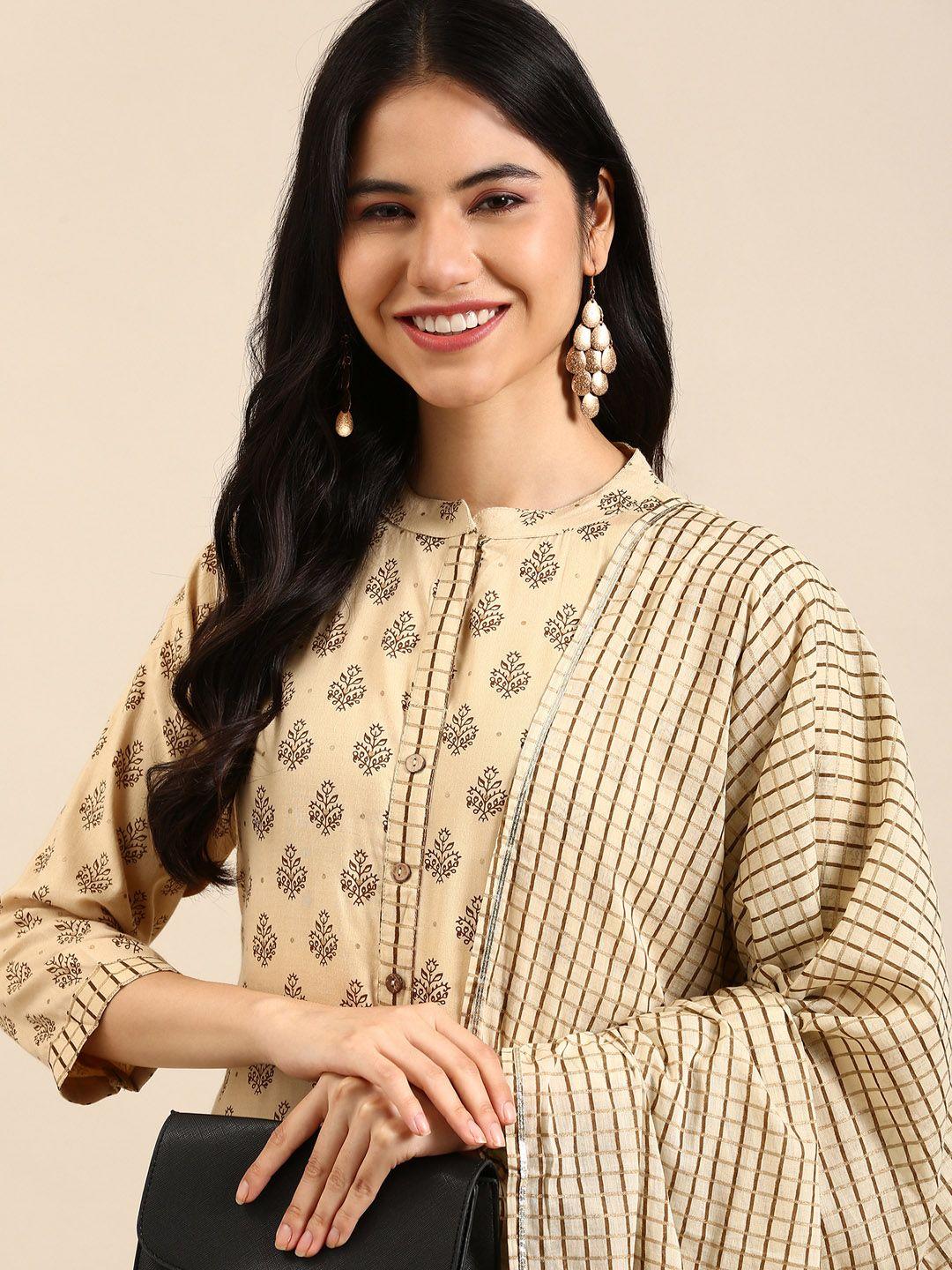 showoff women beige ethnic motifs printed kurta with trousers & with dupatta