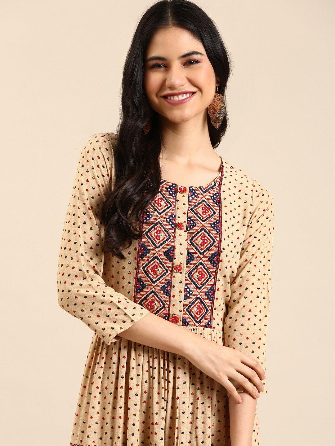 showoff women beige geometric printed flared sleeves kurta