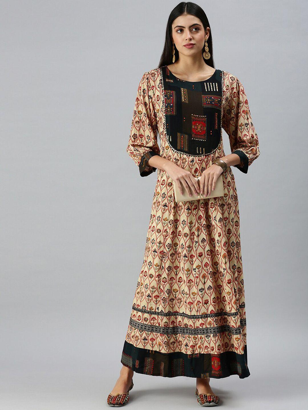 showoff women beige printed  anarkali yoke design kurta