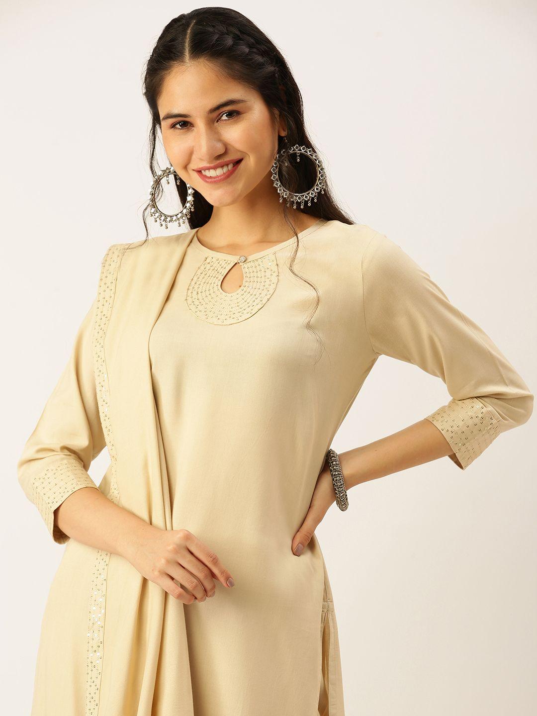 showoff women beige sequinned kurta with trousers