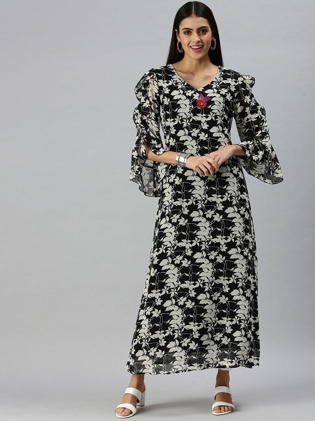 showoff women black & grey floral printed straight kurta