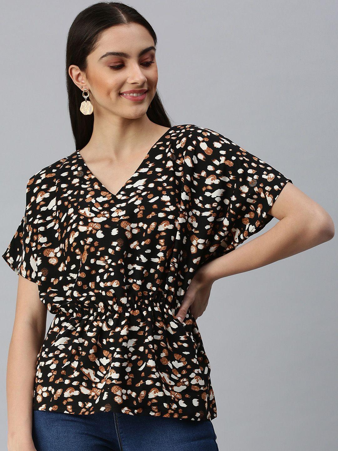 showoff women black animal print crepe cinched waist top