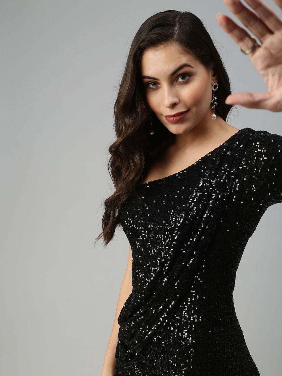 showoff women black embellished one shoulder bodycon dress