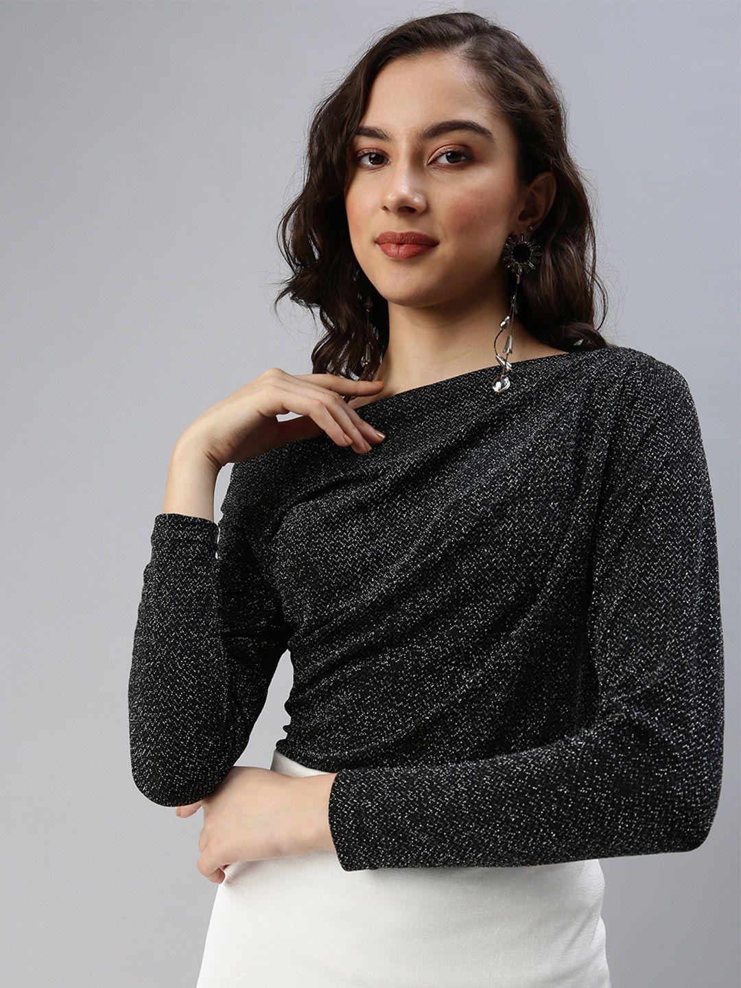 showoff women black embellished one shoulder sheen top