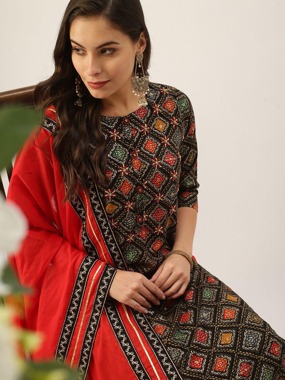 showoff women black ethnic motifs printed kurta with skirt & with dupatta