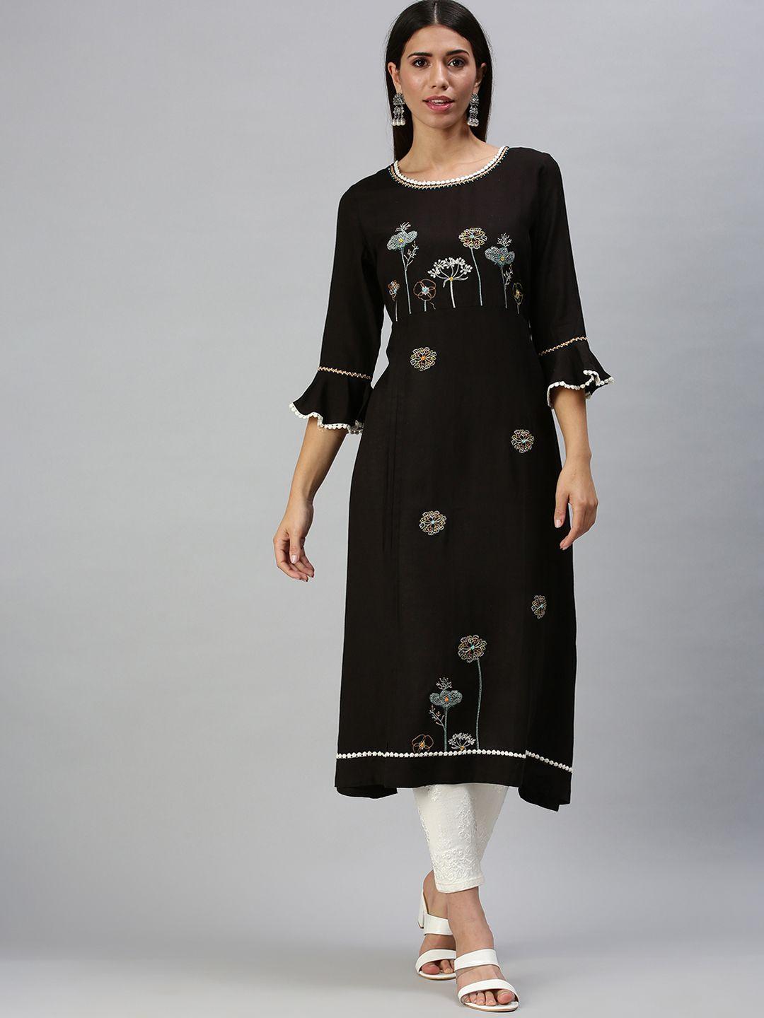 showoff women black floral embellished flared sleeves kurta