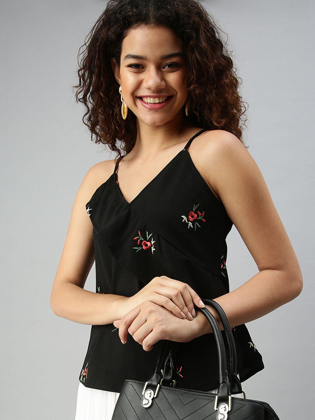 showoff women black floral embroidered top