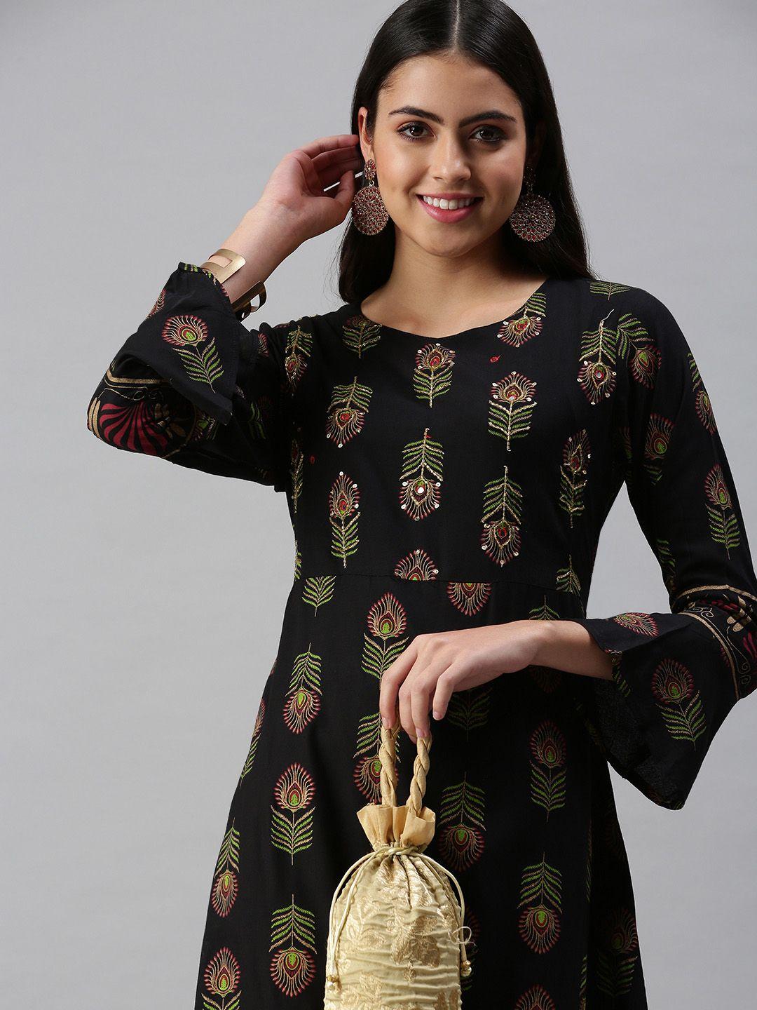 showoff women black floral printed keyhole neck kurta