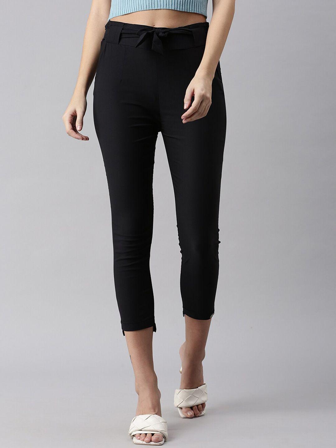 showoff women black high-rise easy wash trousers