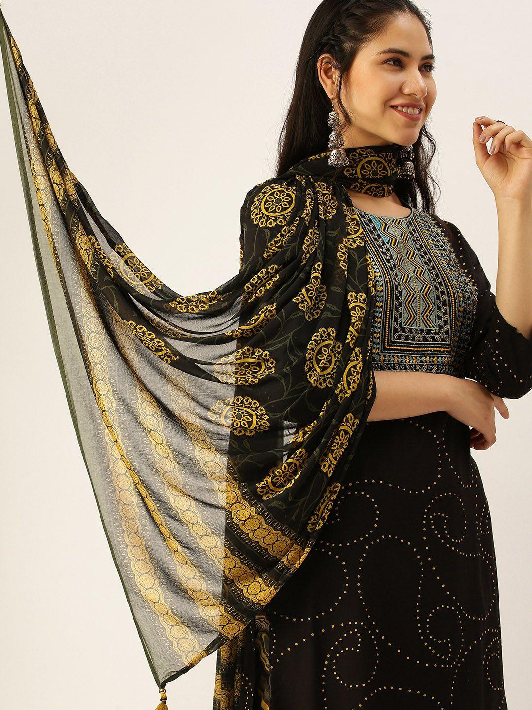 showoff women black paisley embroidered regular thread work kurti with trousers & with dupatta