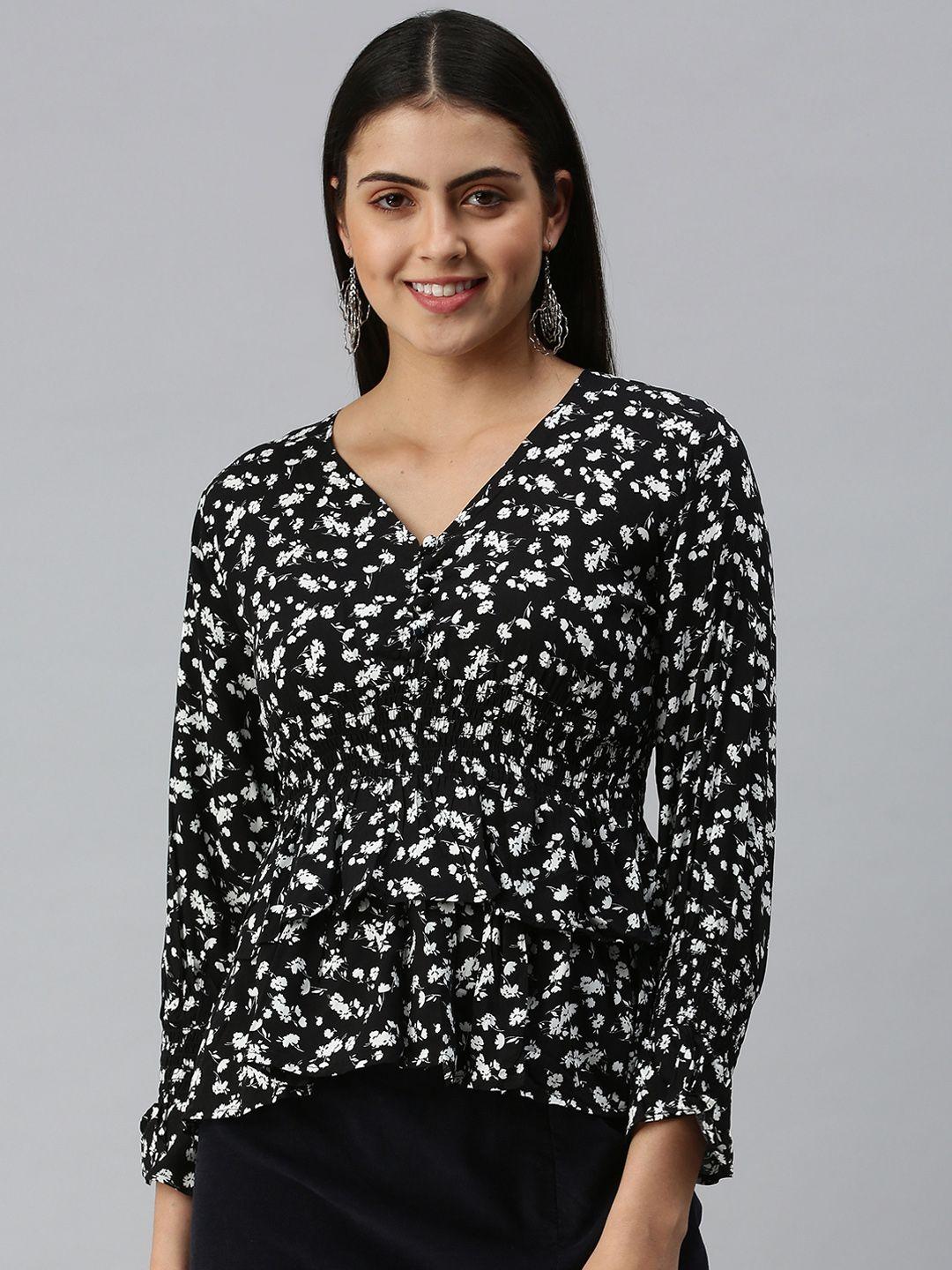 showoff women black print cinched waist top