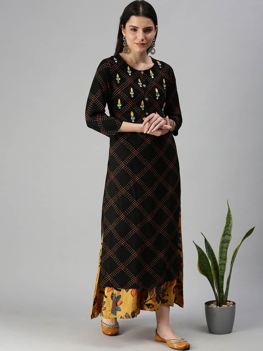 showoff women black printed thread work kurta with palazzos