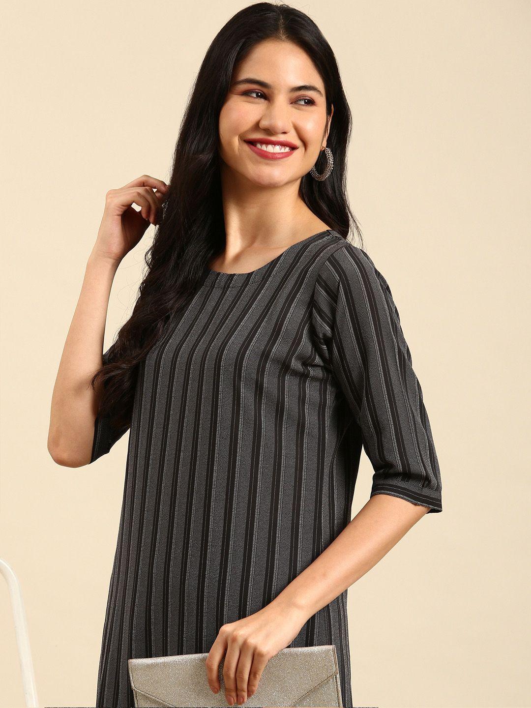 showoff women black striped kurta with trousers