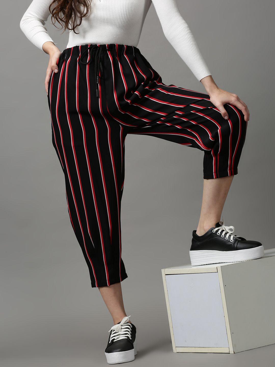 showoff women black striped trousers