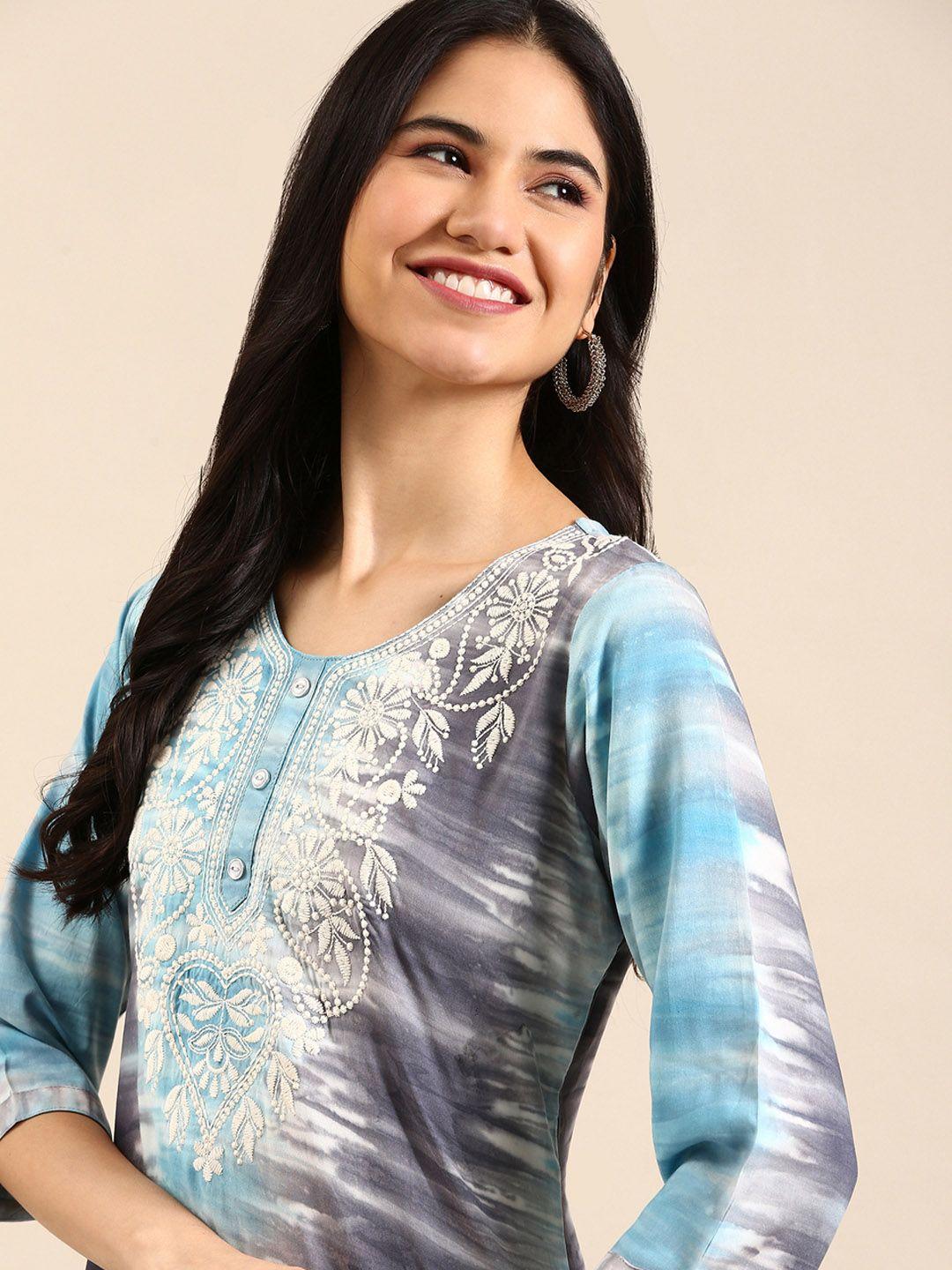 showoff women blue & grey printed kurta