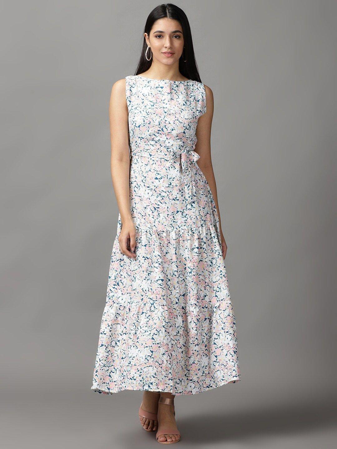 showoff women blue & peach-coloured floral cotton midi dress