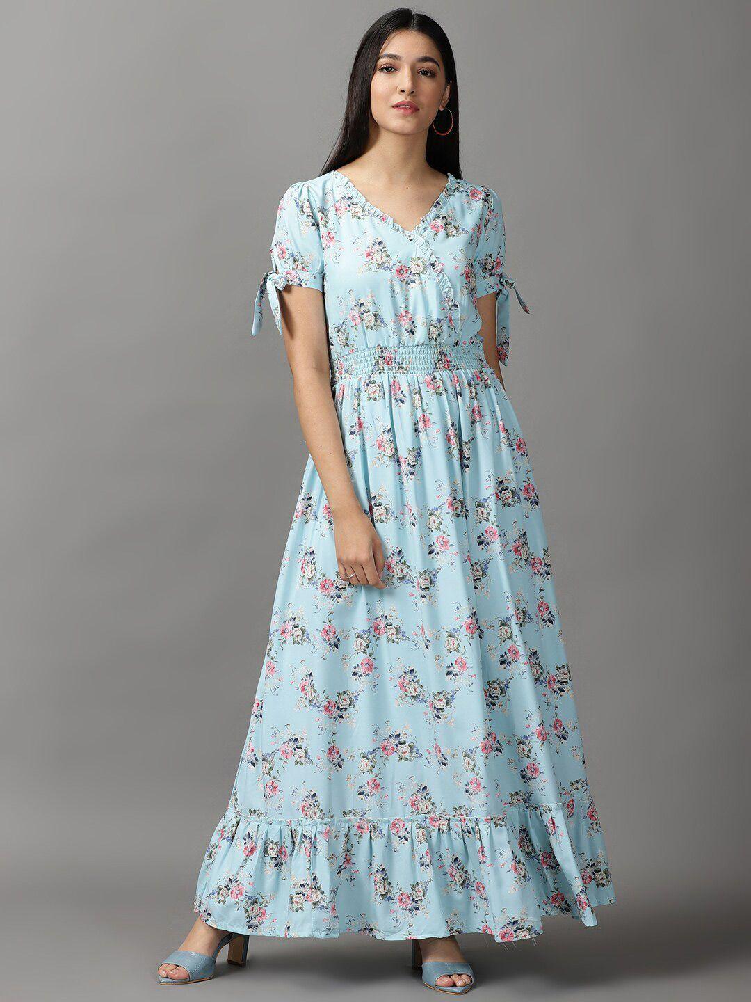 showoff women blue & pink floral chiffon maxi dress