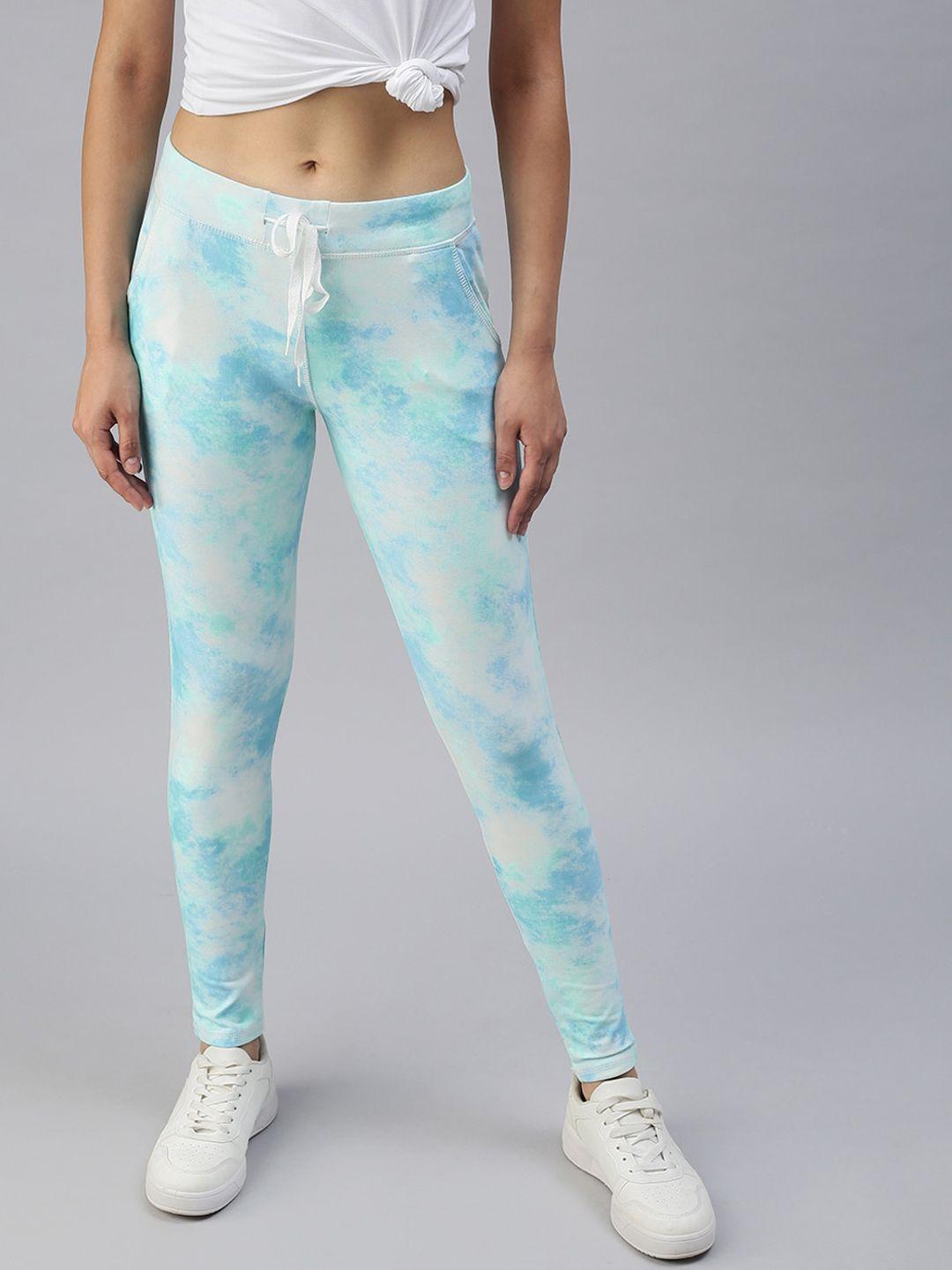 showoff women blue & white printed slim fit cotton track pants