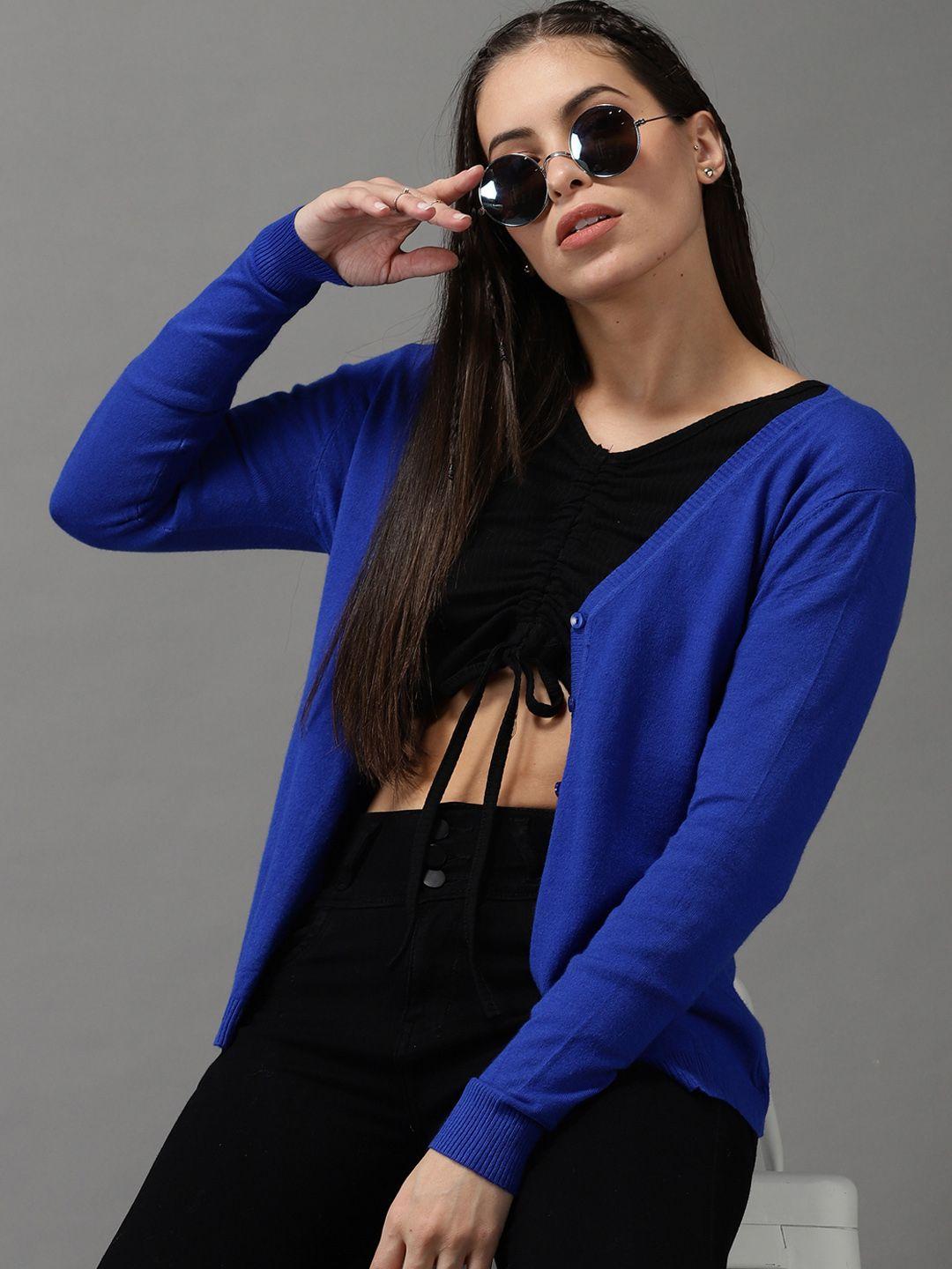 showoff women blue acrylic cardigan