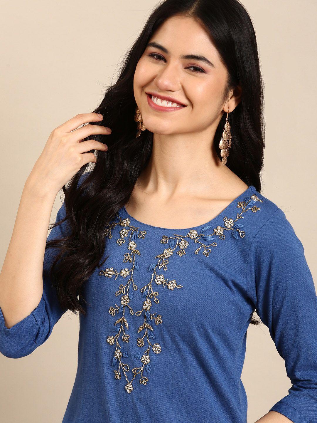 showoff women blue embroidered beads and stones kurta with trousers