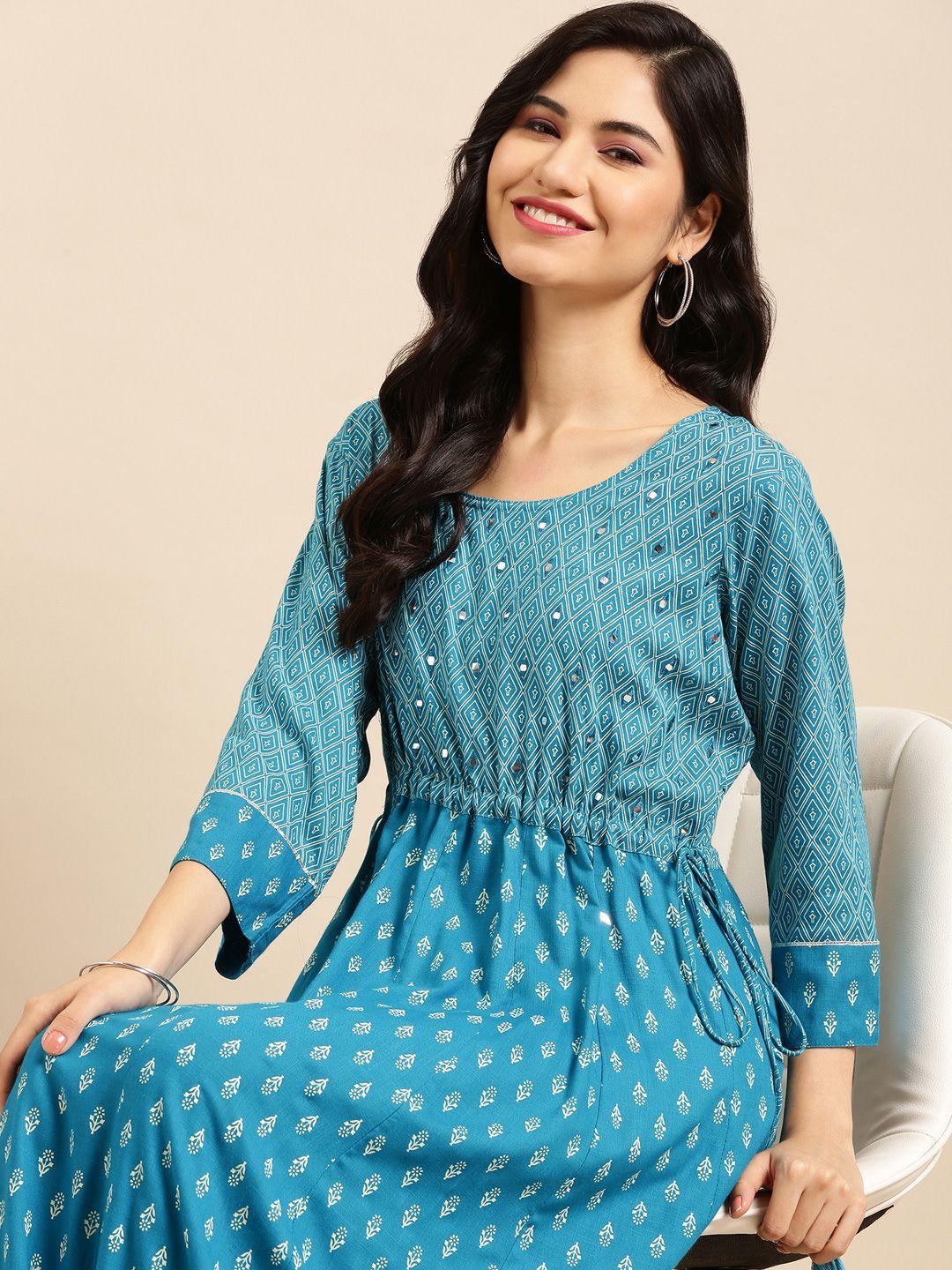 showoff women blue ethnic motifs printed mirror work anarkali kurta